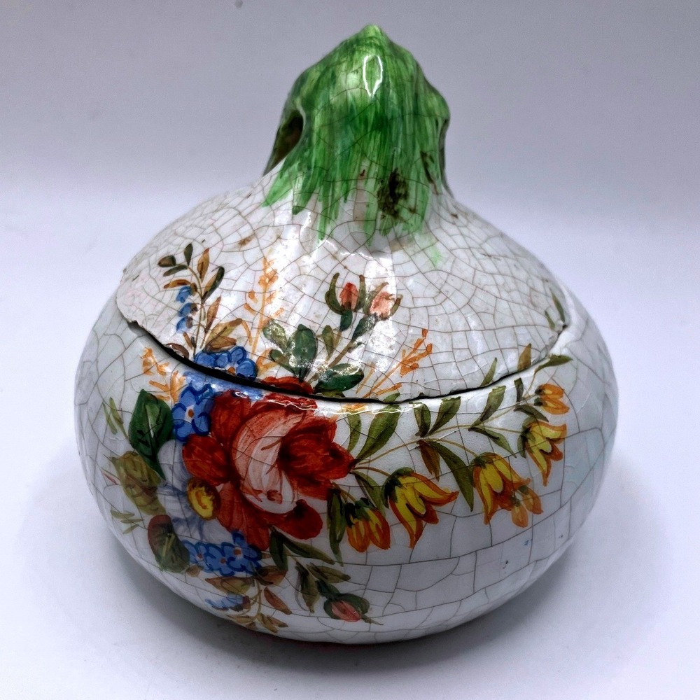 VTG Italian Meiselman Ceramic Onion Floral Decor w/lid Jar Hand Painted- 3.5" in